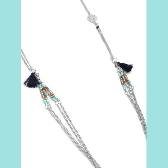 Long Silver & Blue Beaded Chain Necklace Tassel - Picture 3 of 6